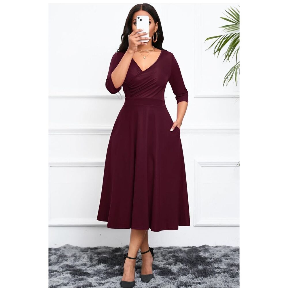 NEW Wrap Flared Midi Dress Cocktail Tea Swing 3/4 Sleeve Dress M